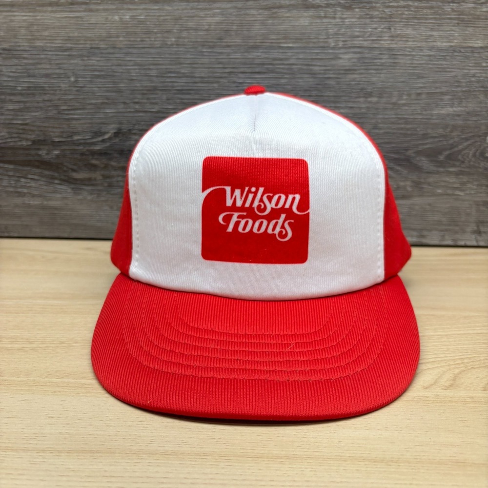 Vintage Wilson Foods Hat Cap Snap Back Red White Trucker Advertising Pork Promo